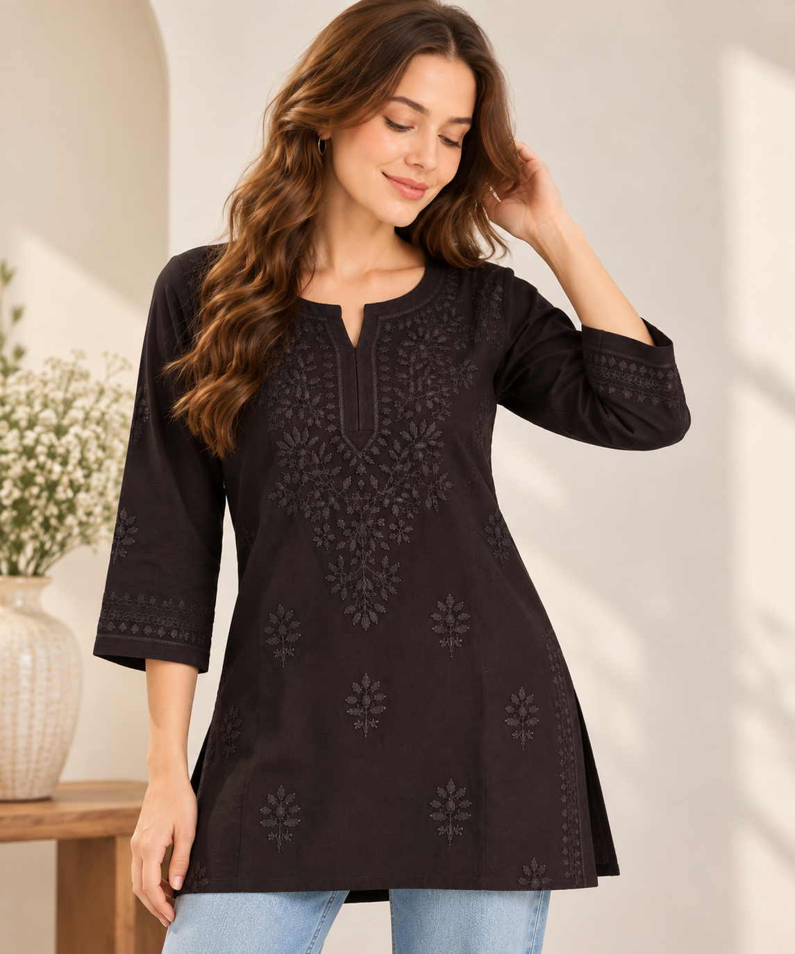 Brown Hand Embroidered Short Kurti