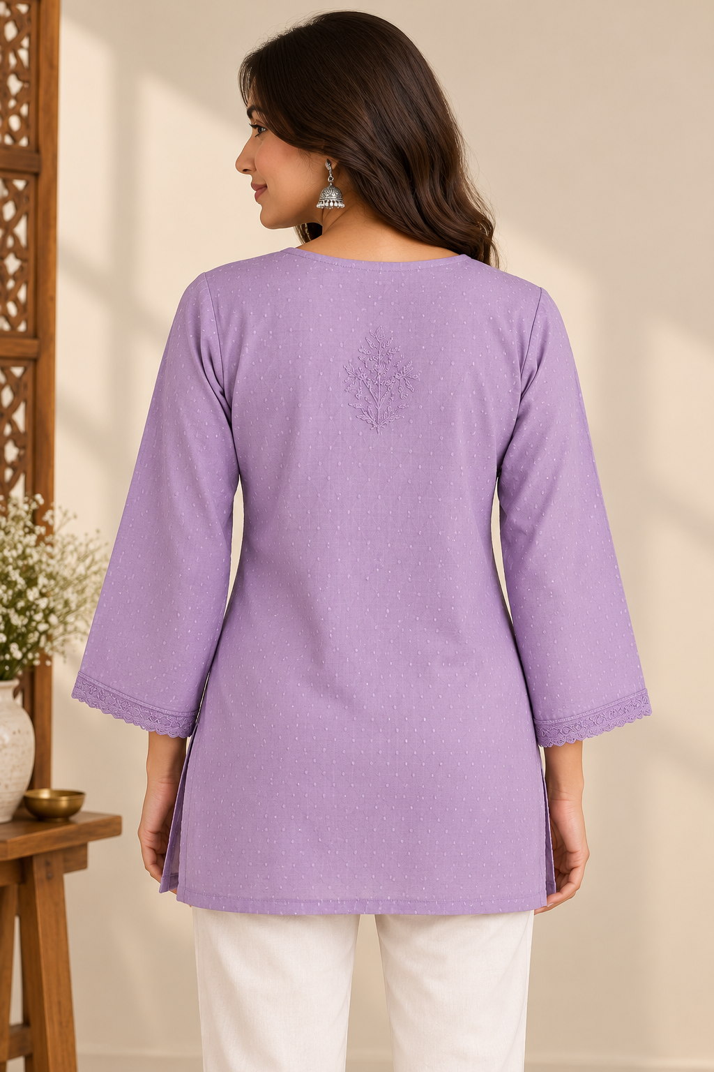 Violet Hand Embroidered Short Kurti