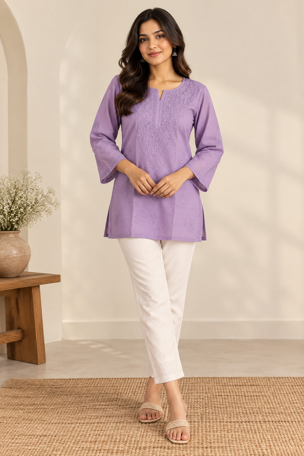 Violet Hand Embroidered Short Kurti