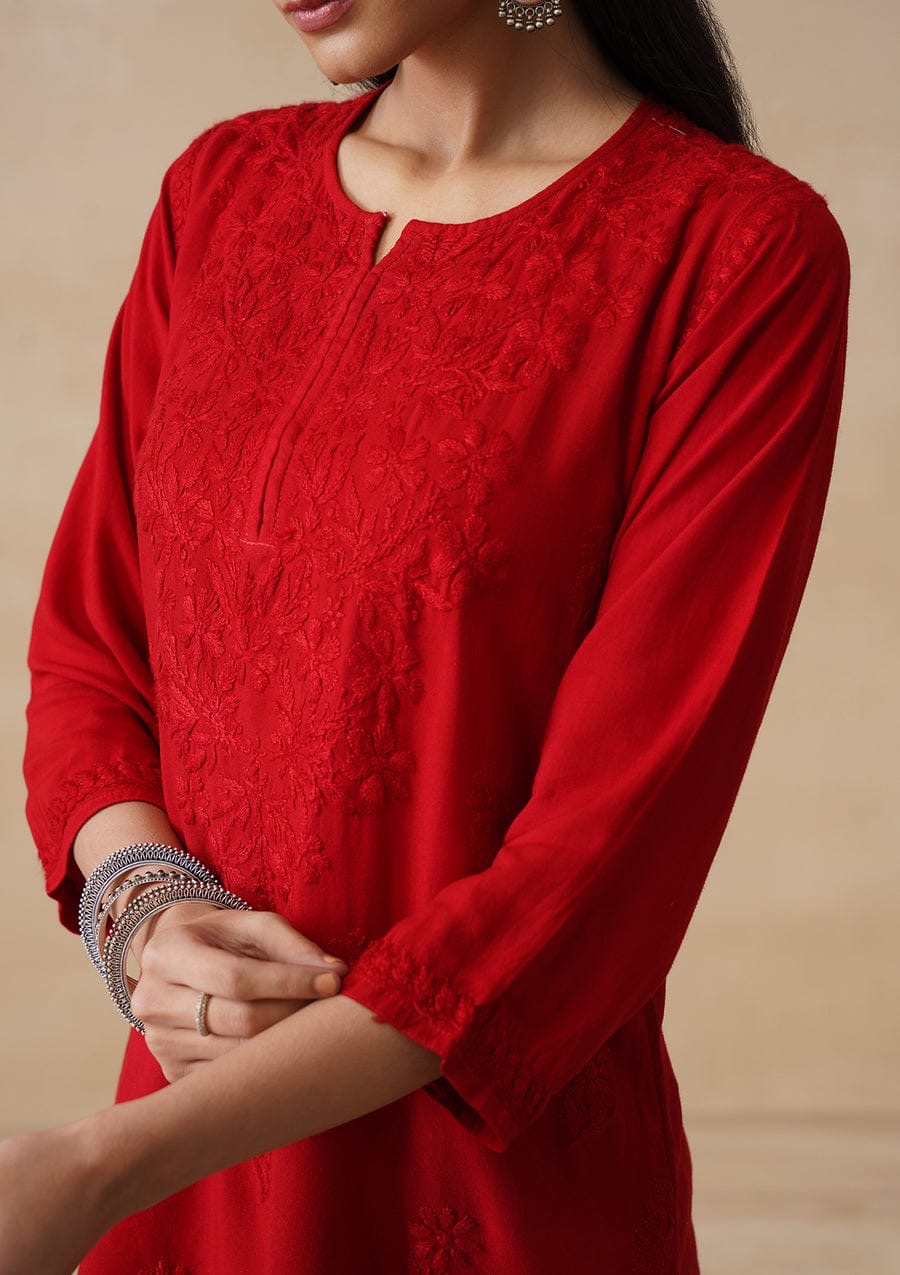 Red Hand Embroidered Short Kurti