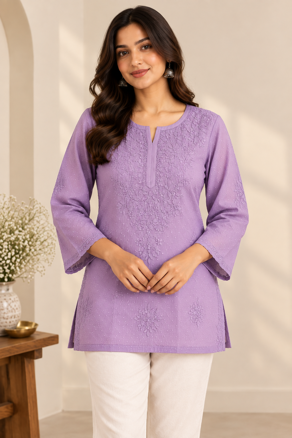 Violet Hand Embroidered Short Kurti