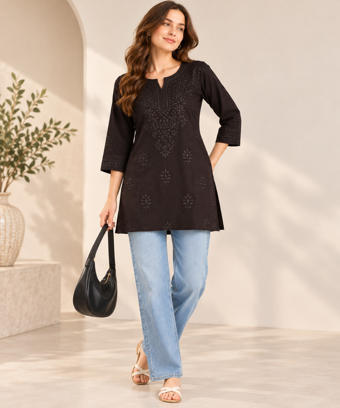 Brown Hand Embroidered Short Kurti