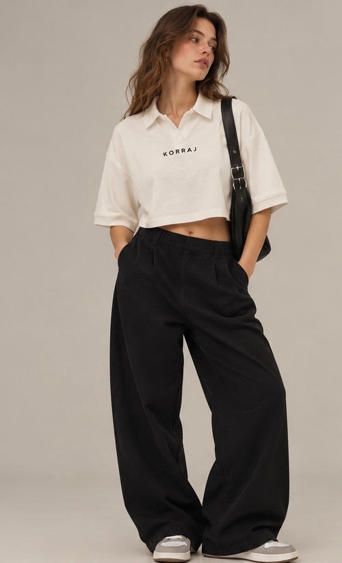 White Waffle Crop Polo Tshirt