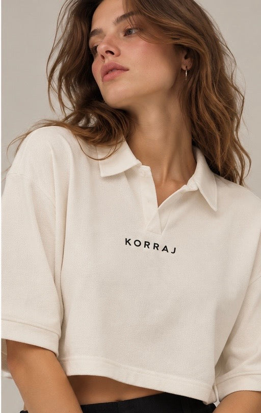 White Waffle Crop Polo Tshirt