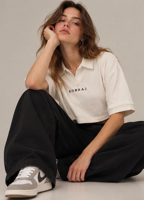 White Waffle Crop Polo Tshirt