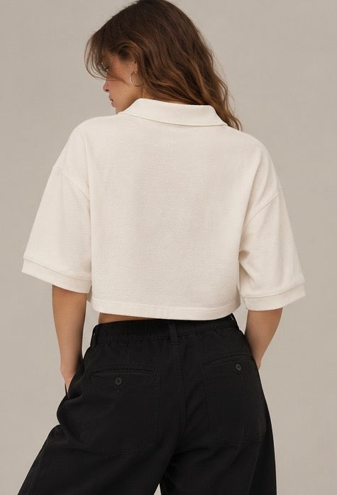 White Waffle Crop Polo Tshirt