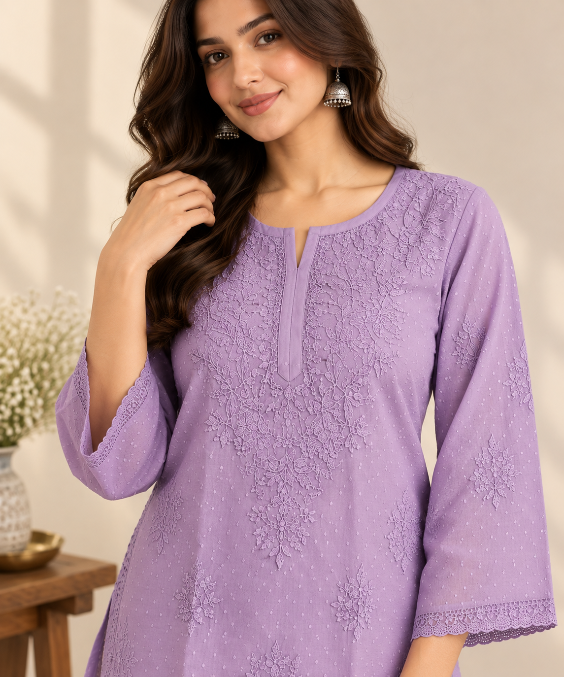 Violet Hand Embroidered Short Kurti