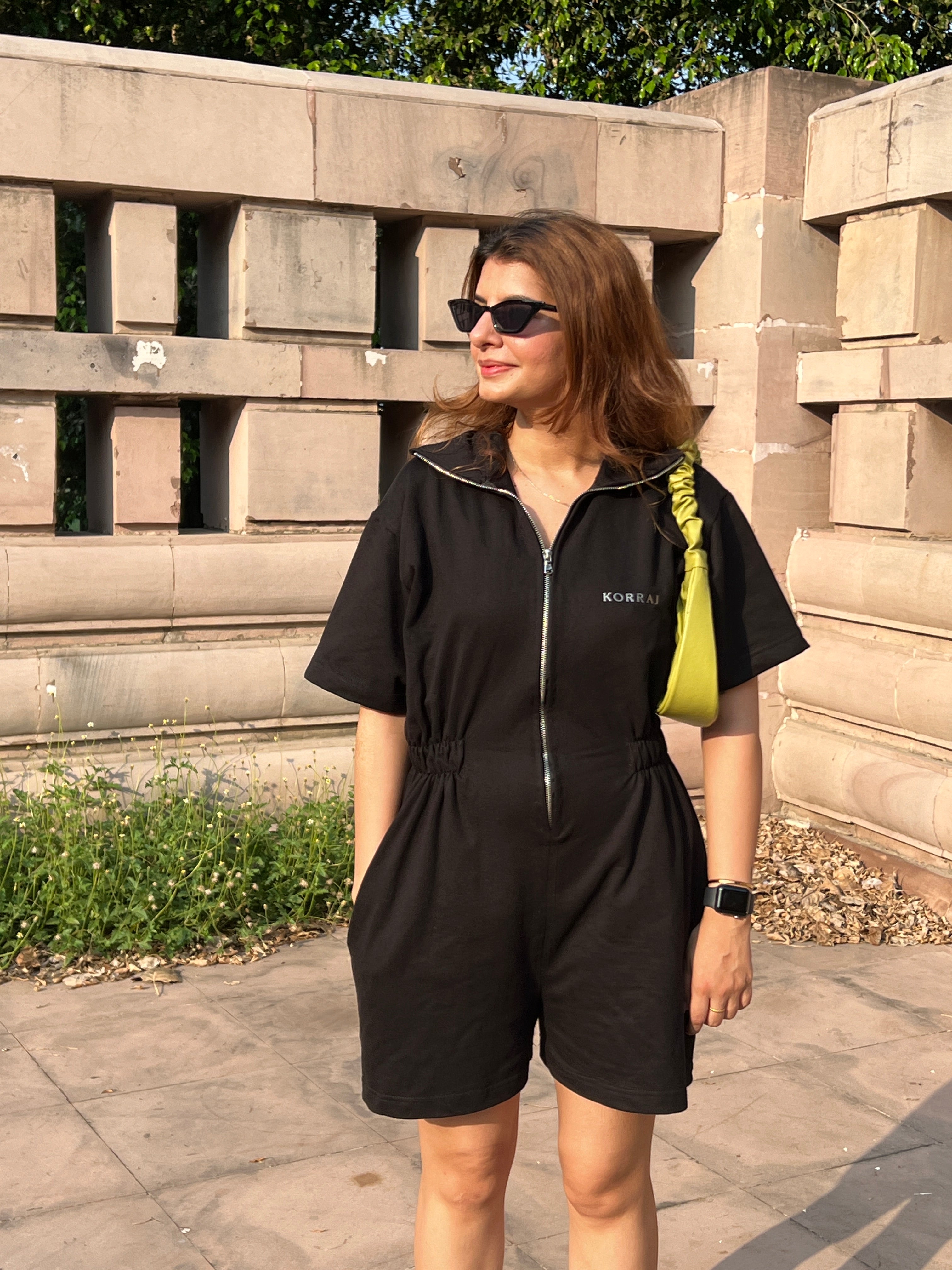 Oversized sleeves Zipper Playsuit with pockets