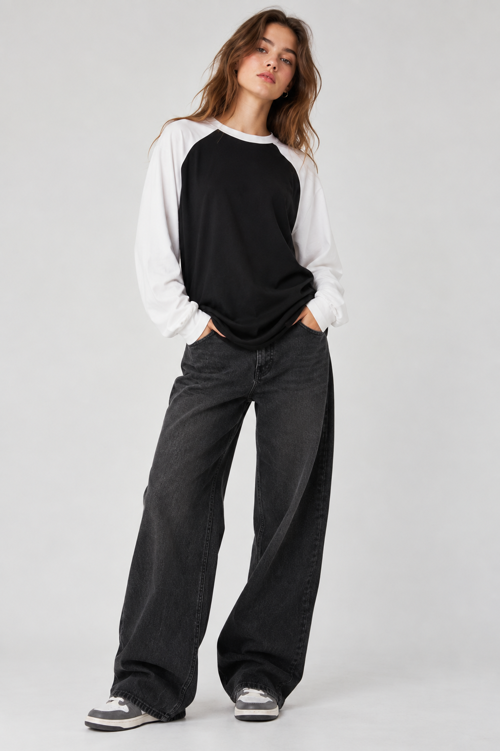 White & Black Full Sleeve Raglan T-Shirt