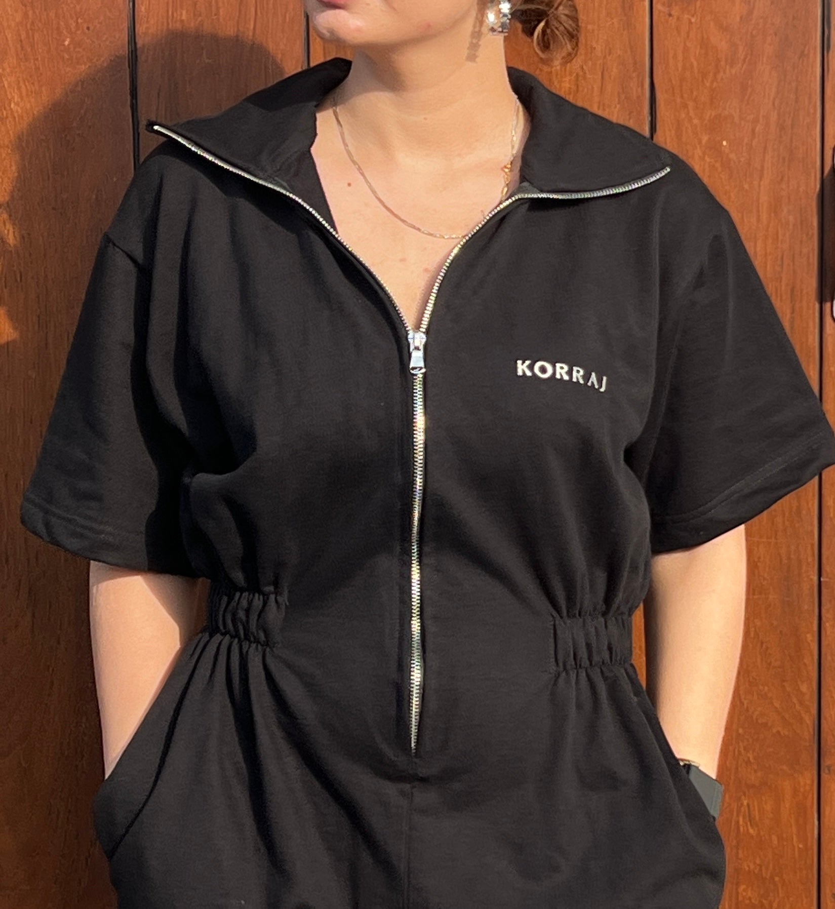 Oversized sleeves Zipper Playsuit with pockets