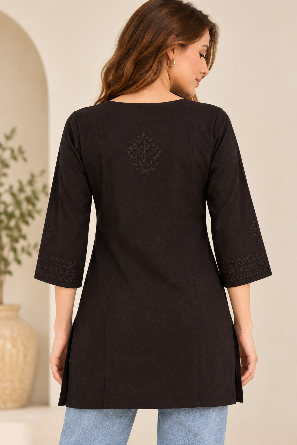 Brown Hand Embroidered Short Kurti