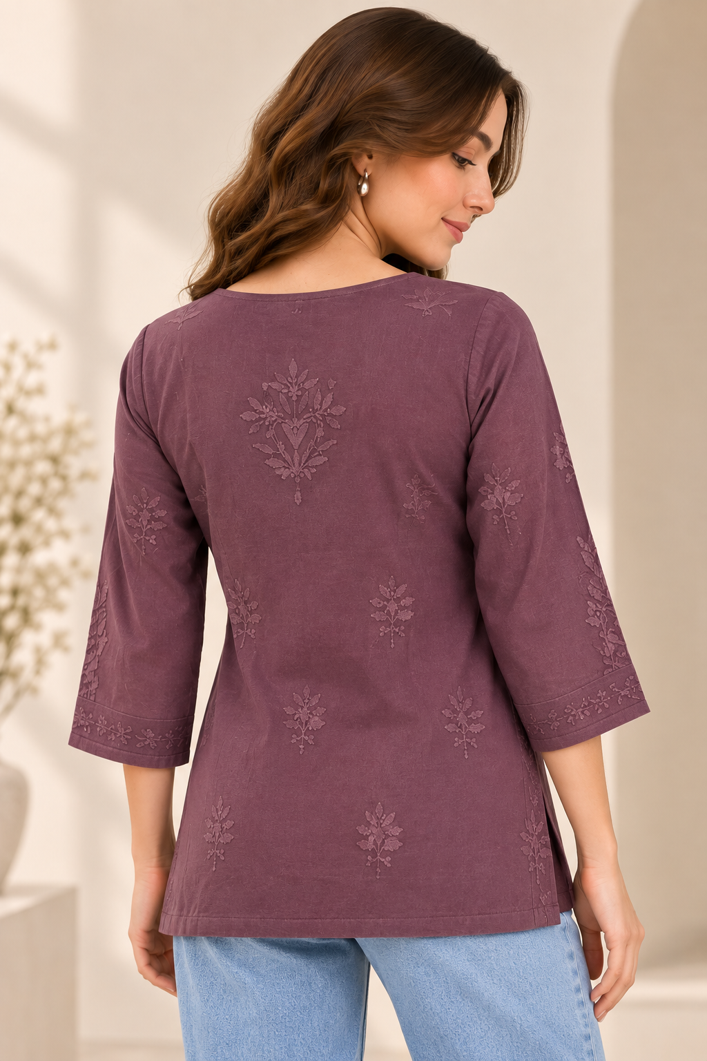 Purple Hand Embroidered Short Kurti
