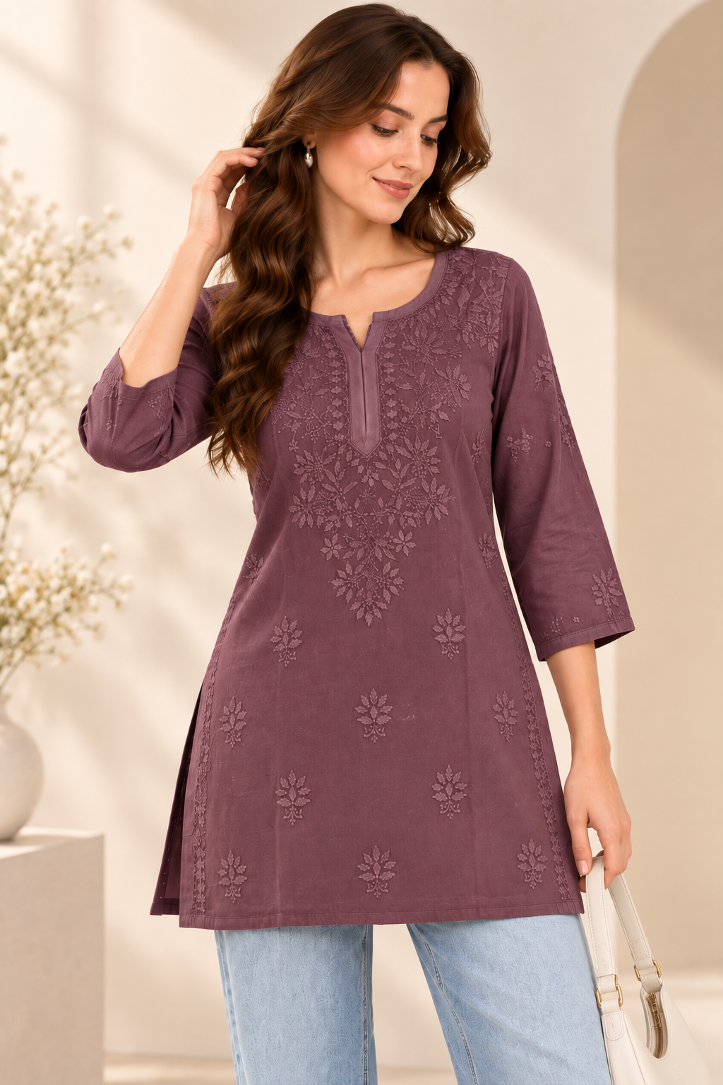 Purple Hand Embroidered Short Kurti