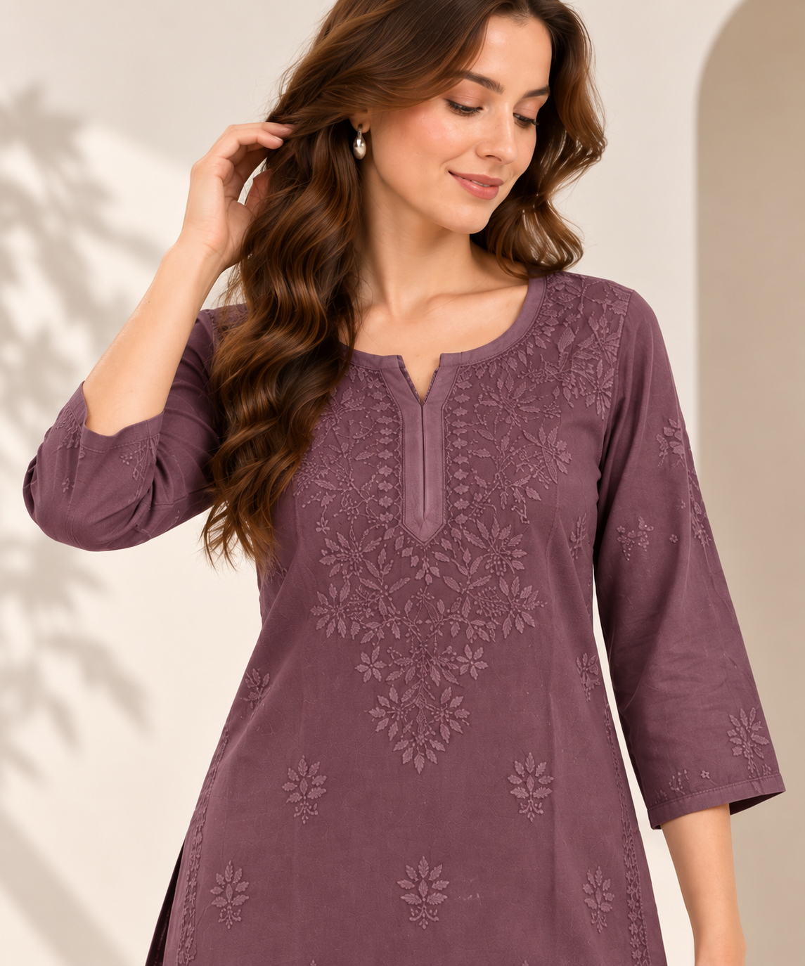 Purple Hand Embroidered Short Kurti
