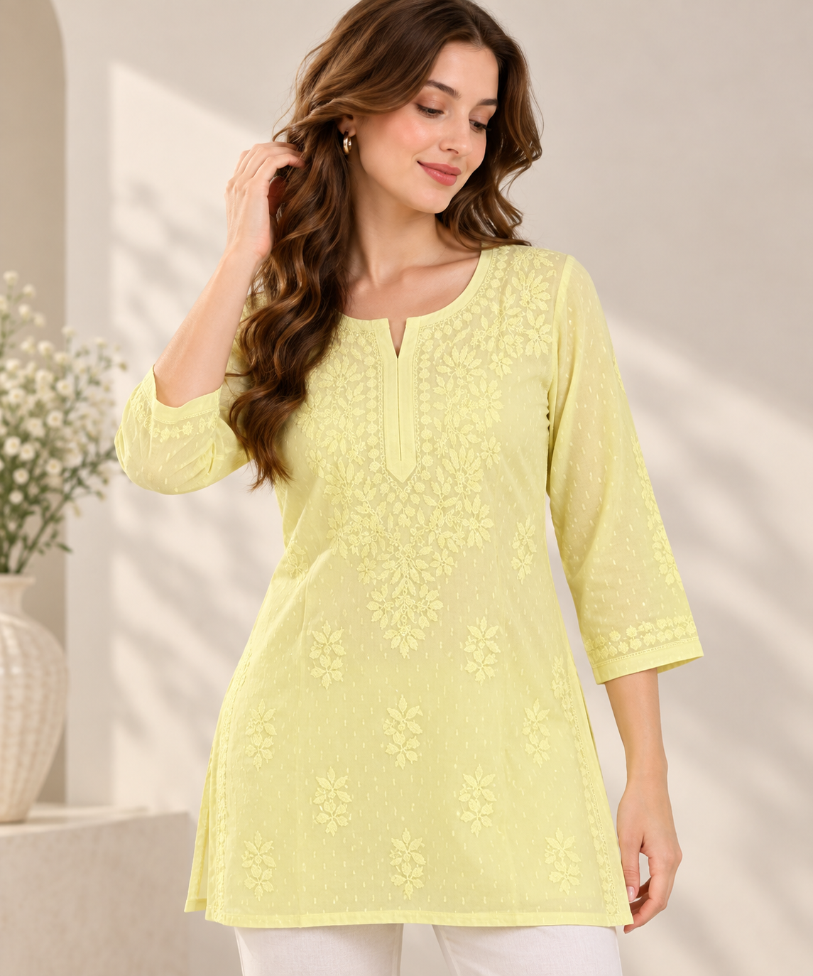 Butter Yellow Hand Embroidered Short Kurti