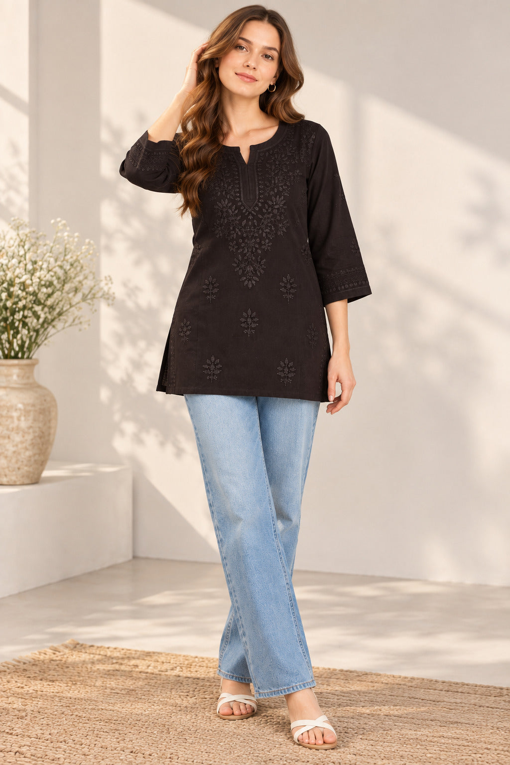 Brown Hand Embroidered Short Kurti