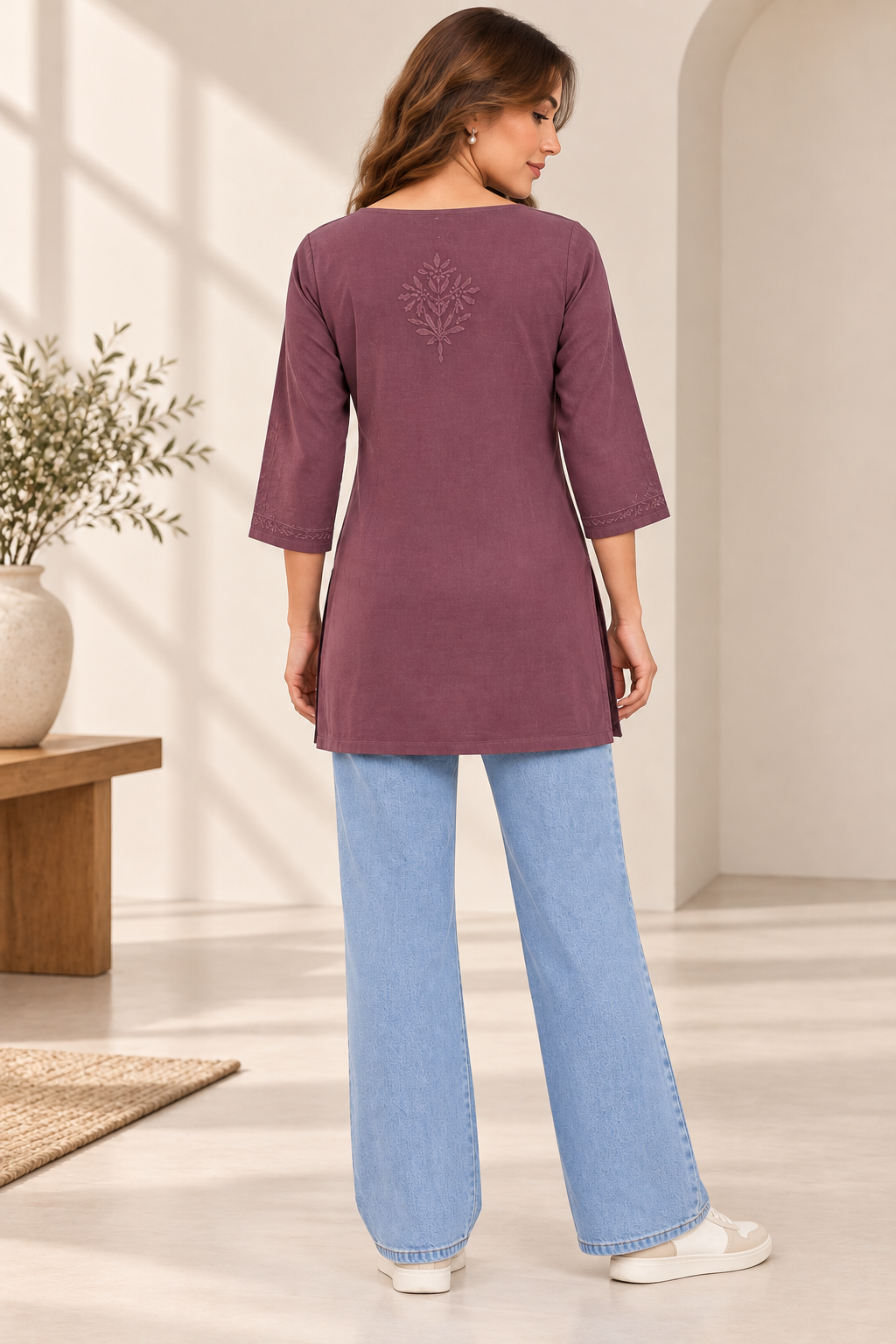 Purple Hand Embroidered Short Kurti