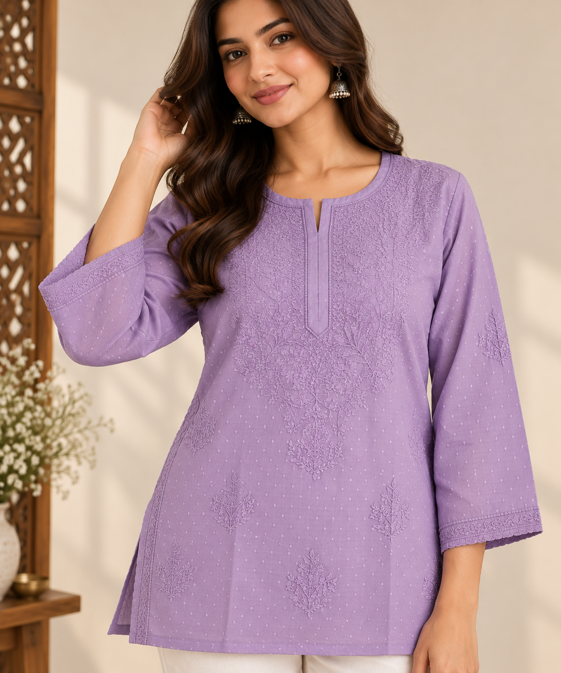 Violet Hand Embroidered Short Kurti