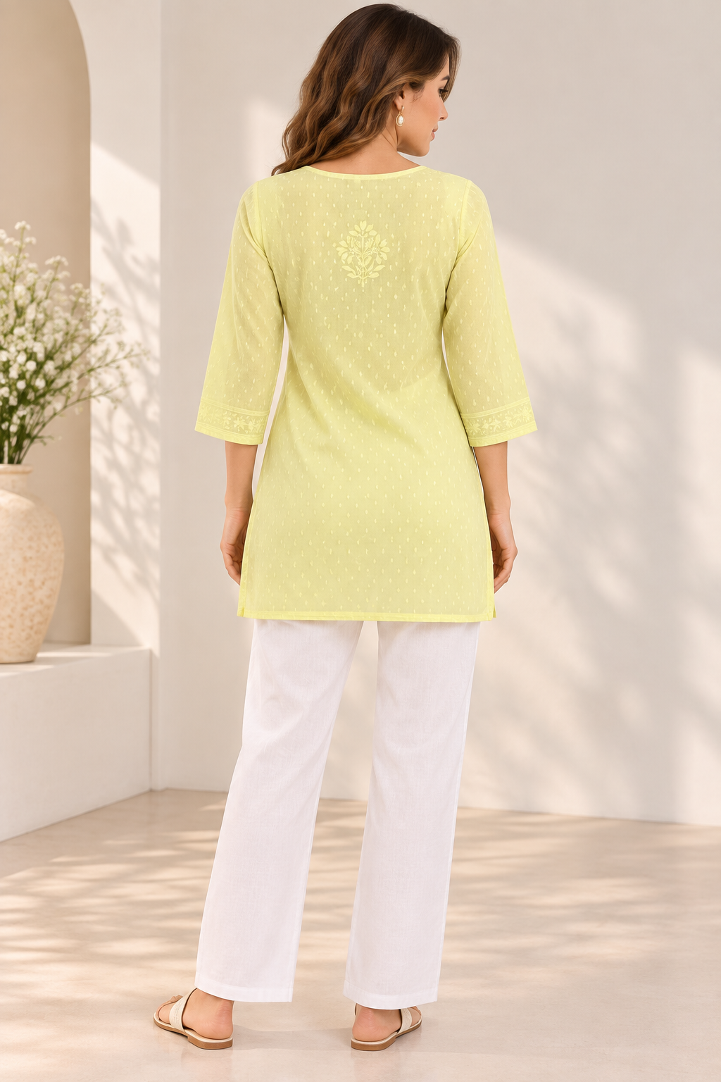 Butter Yellow Hand Embroidered Short Kurti