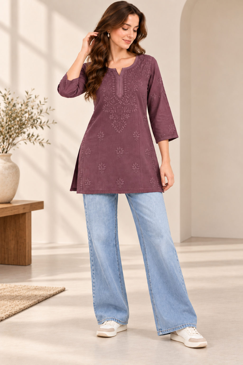 Purple Hand Embroidered Short Kurti