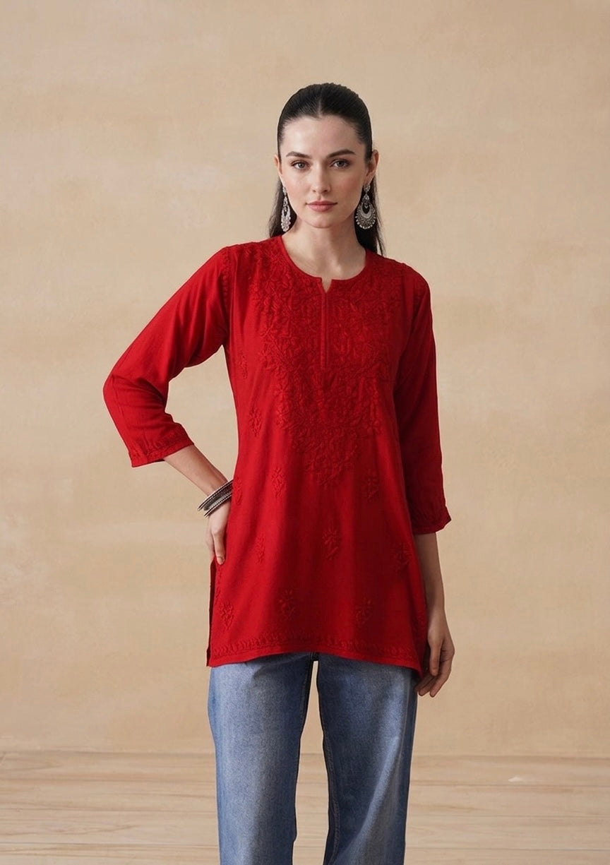Red Hand Embroidered Short Kurti