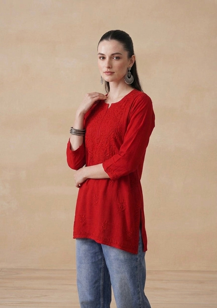Red Hand Embroidered Short Kurti