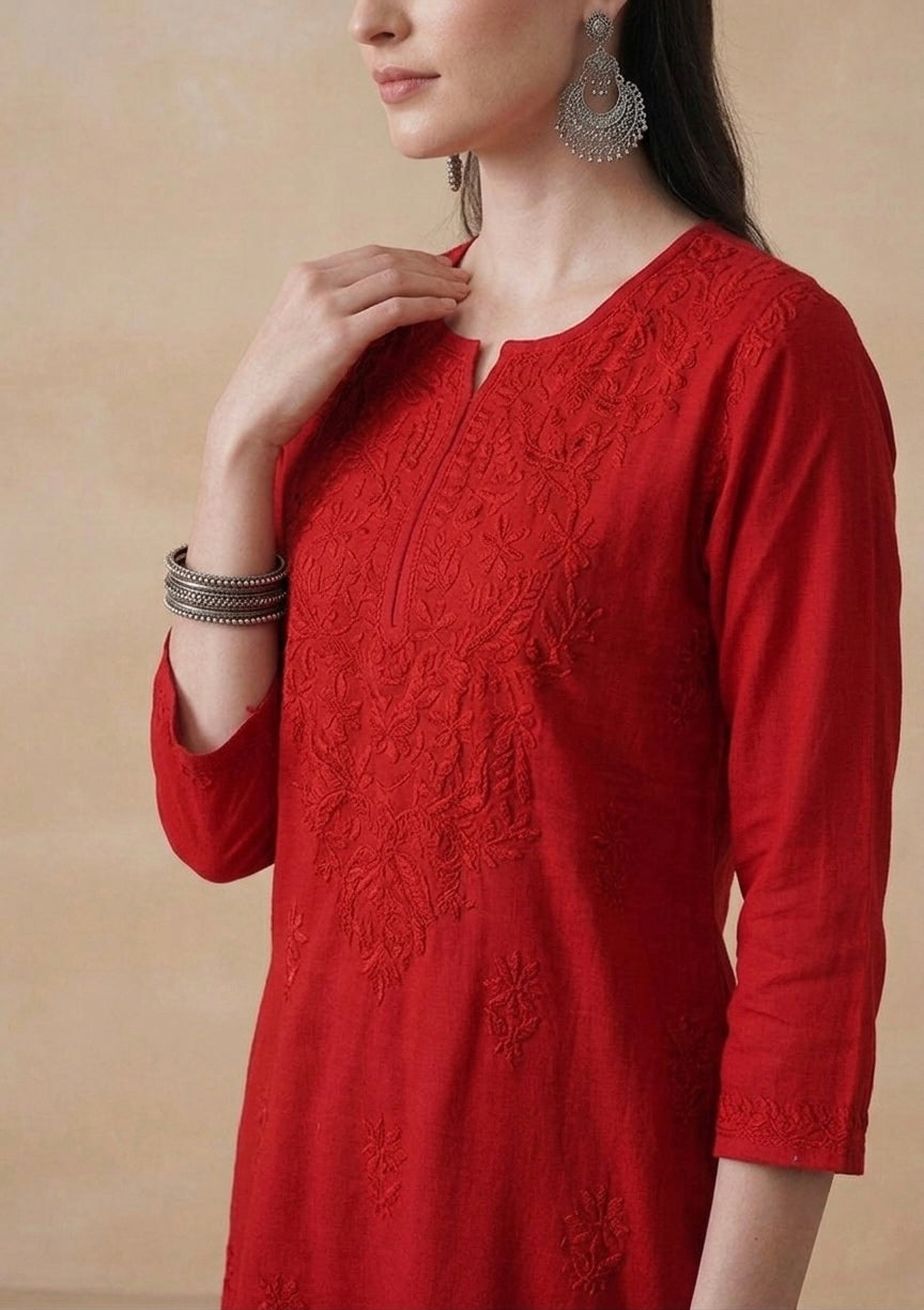 Red Hand Embroidered Short Kurti