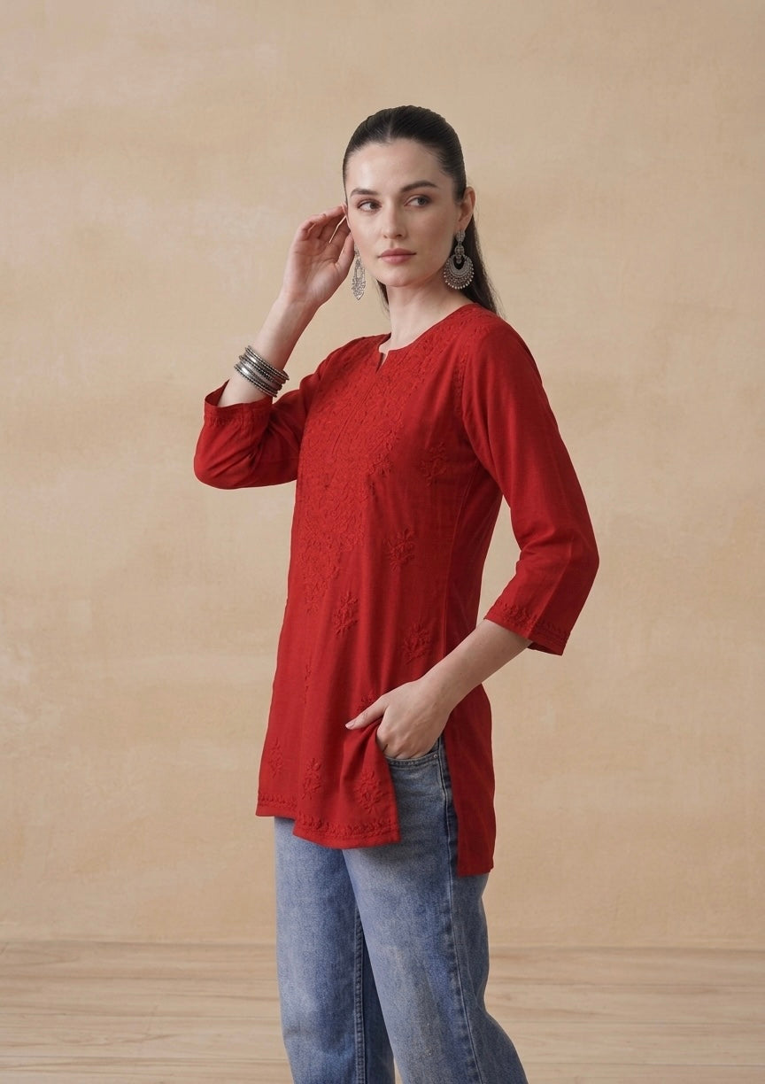 Red Hand Embroidered Short Kurti
