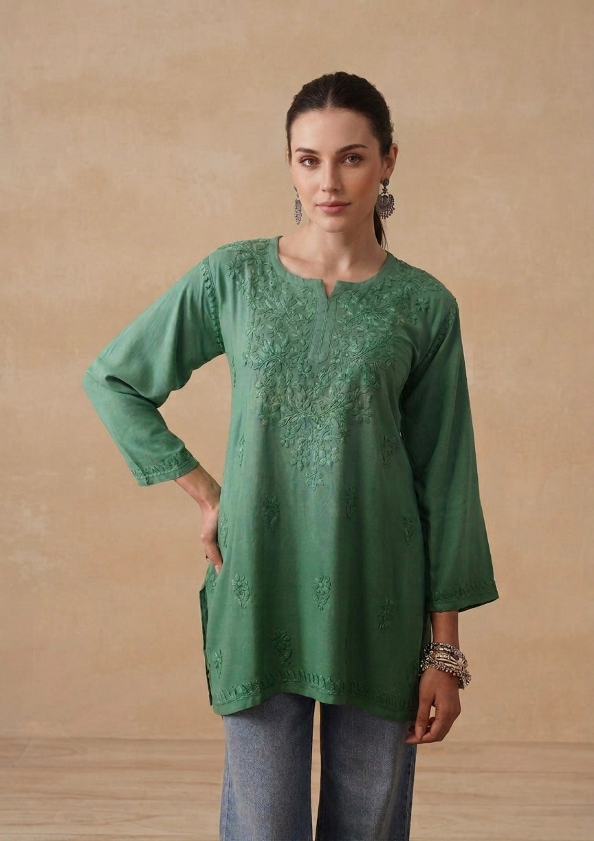 Green Hand Embroidered Short Kurti