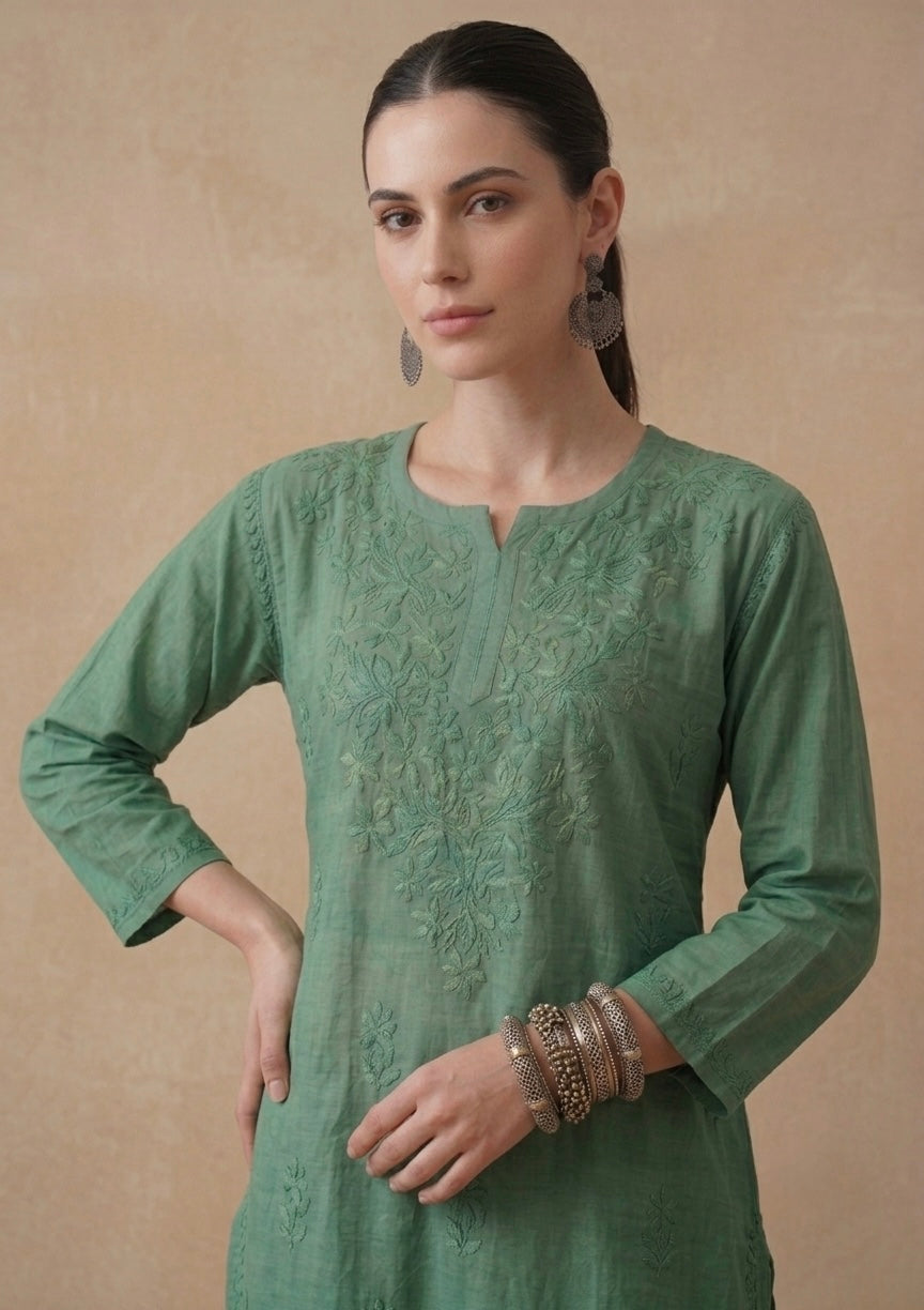 Green Hand Embroidered Short Kurti