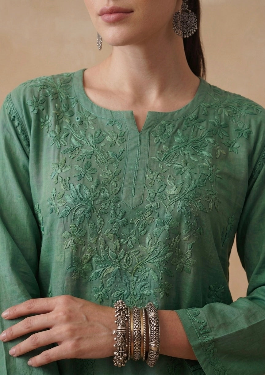 Green Hand Embroidered Short Kurti