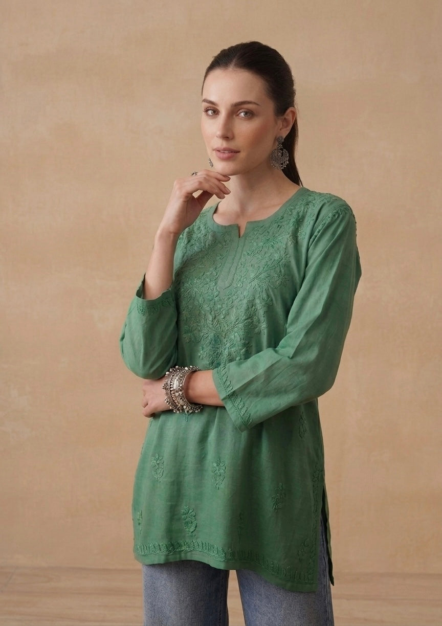 Green Hand Embroidered Short Kurti