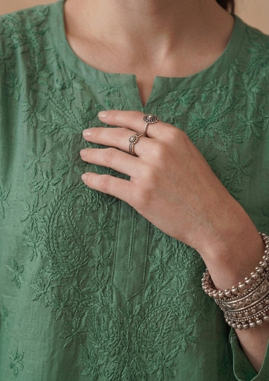 Green Hand Embroidered Short Kurti