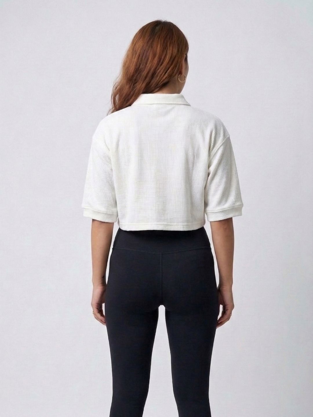 White Waffle Crop Polo Tshirt