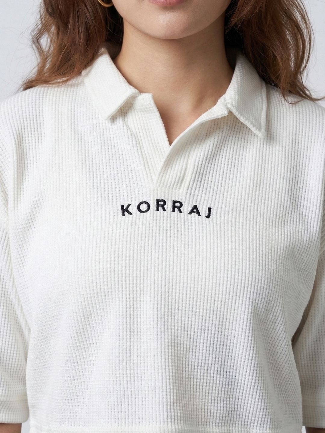 White Waffle Crop Polo Tshirt