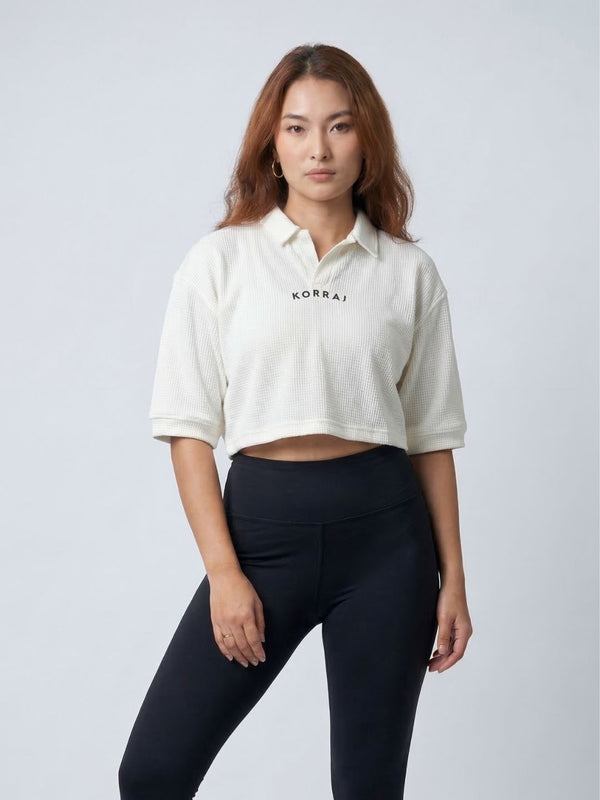 White Waffle Crop Polo Tshirt