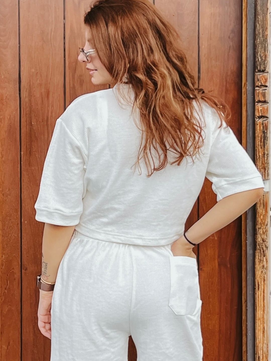 White Waffle Crop Polo Tshirt