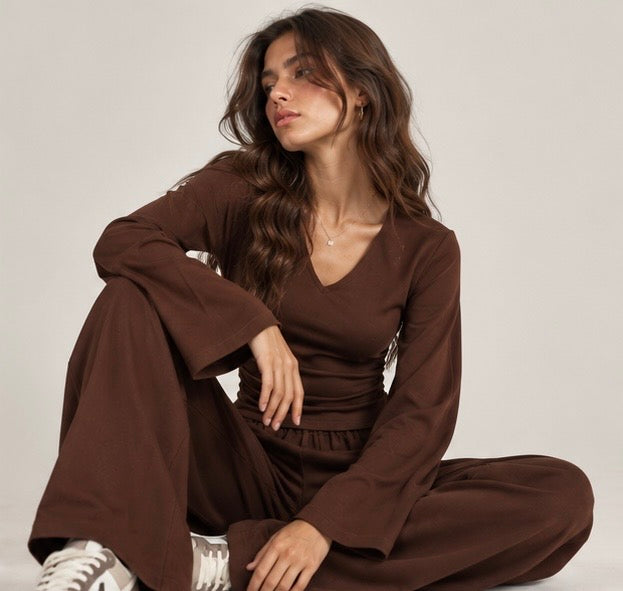 BROWN V NECK CO-ORD SET